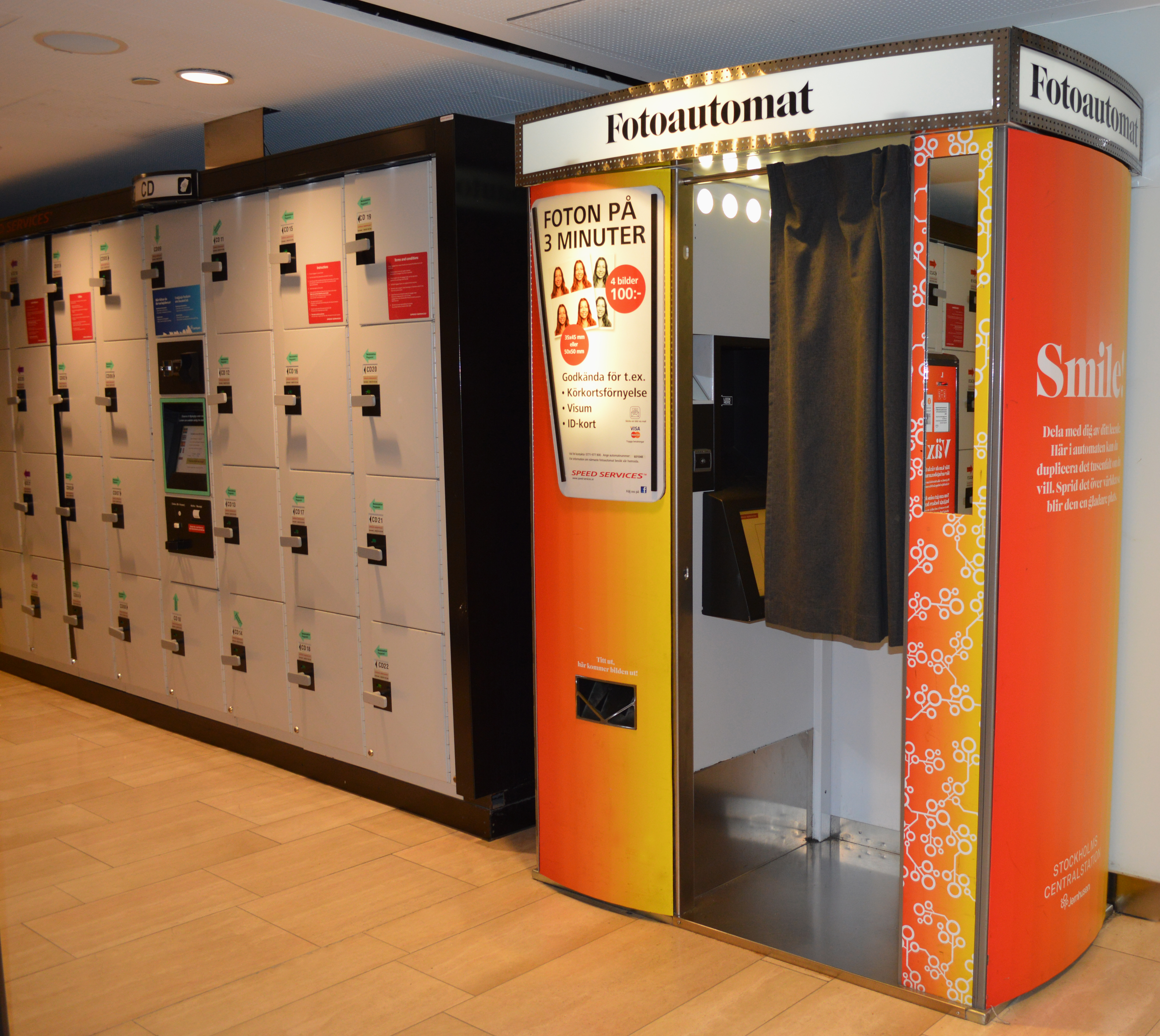 Photo booth and storage lockers at Stockholm central railway station