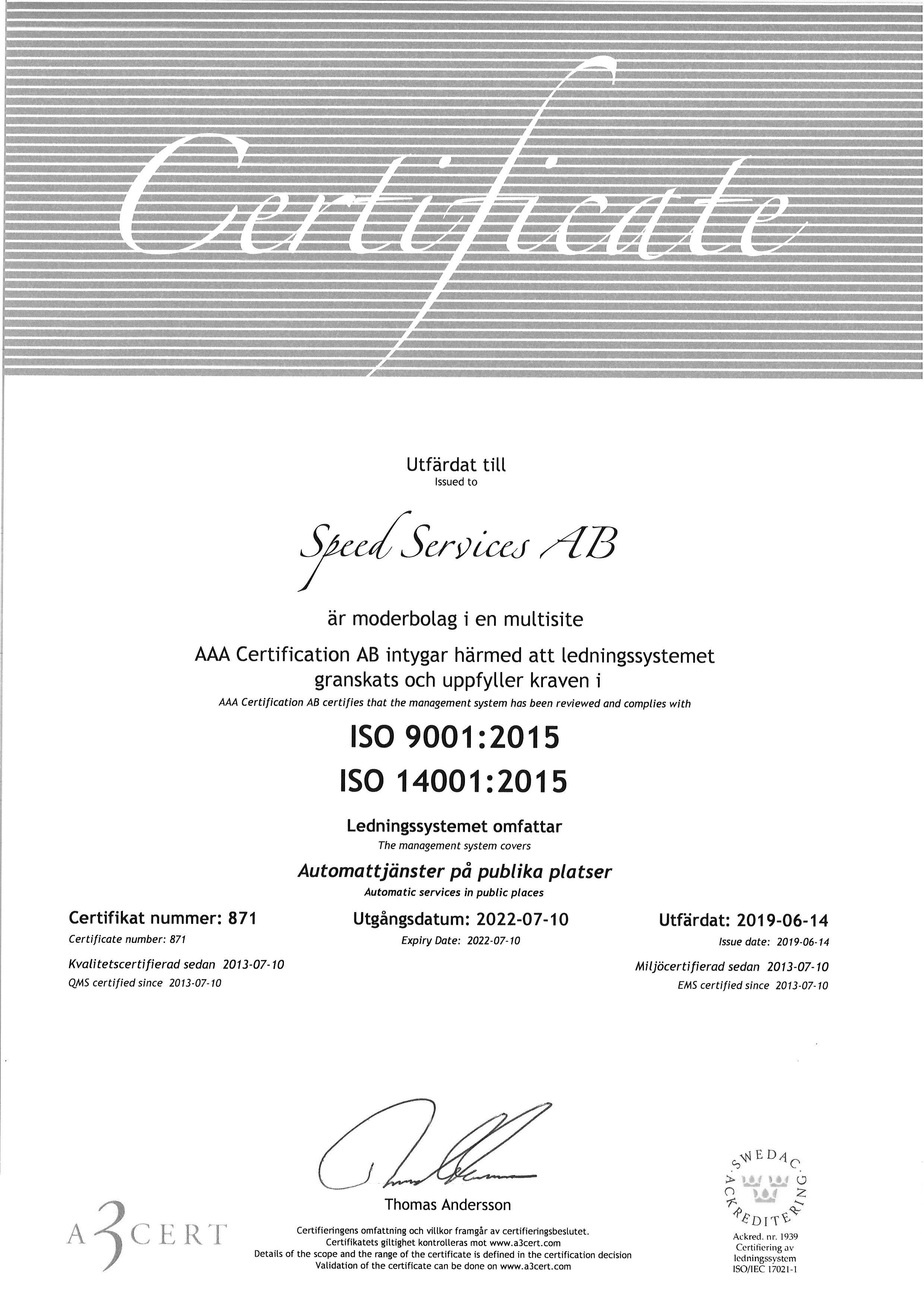 ISO-certifikat Speed Services